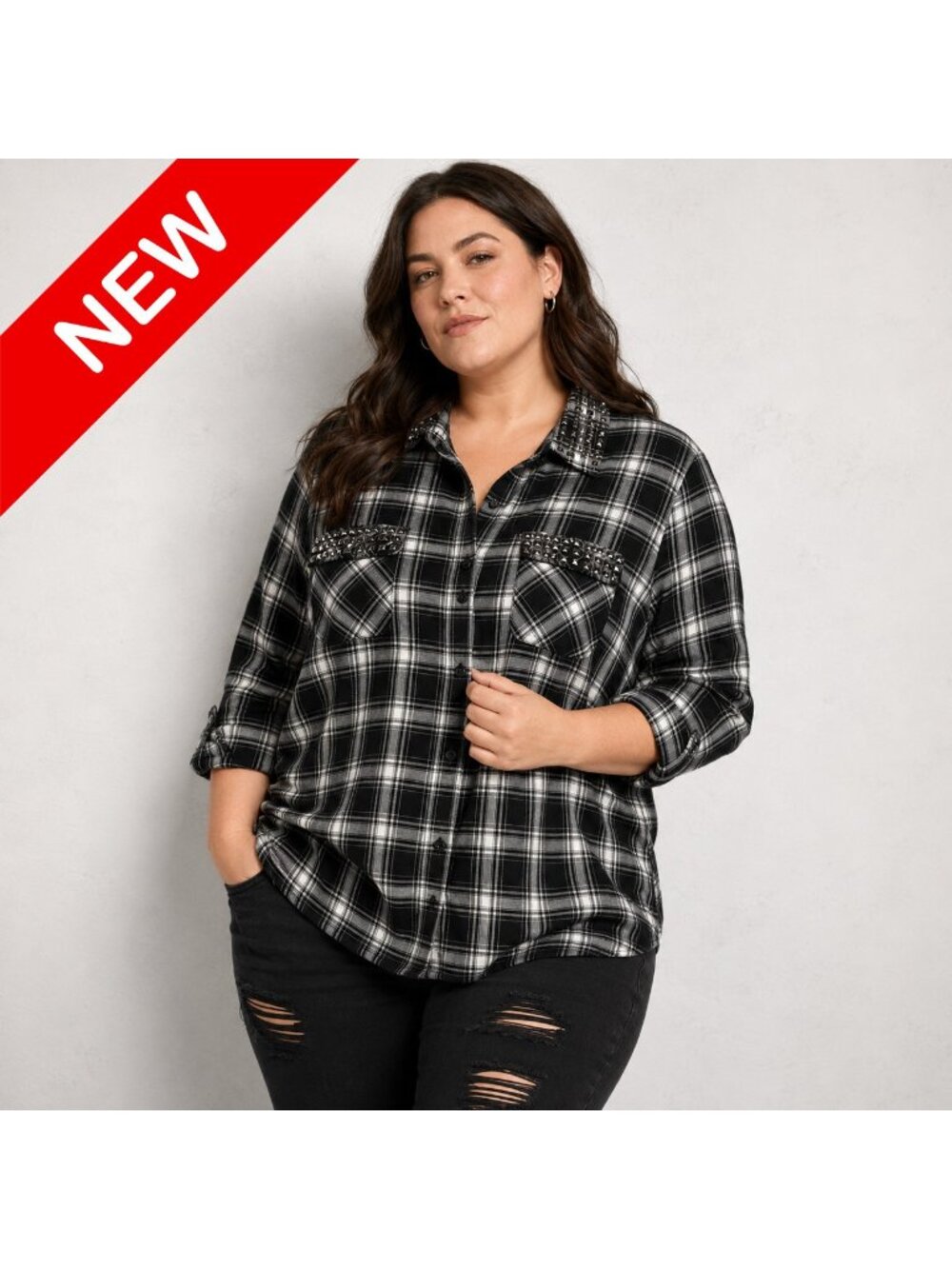 NEW Torrid Plus Size 4 | 4X Camp Shirt Black White Plaid Twill Studded Button